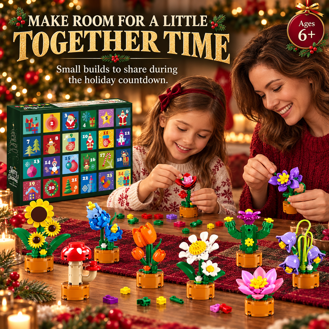 Mother and child assembling miniature flower building block models together at Christmas