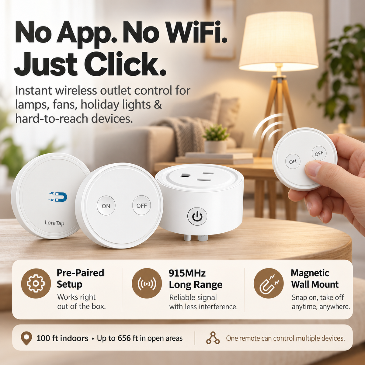 RF Wireless Remote Control Outlet – Pre-Paired Plug-In Switch with Magnetic Remote