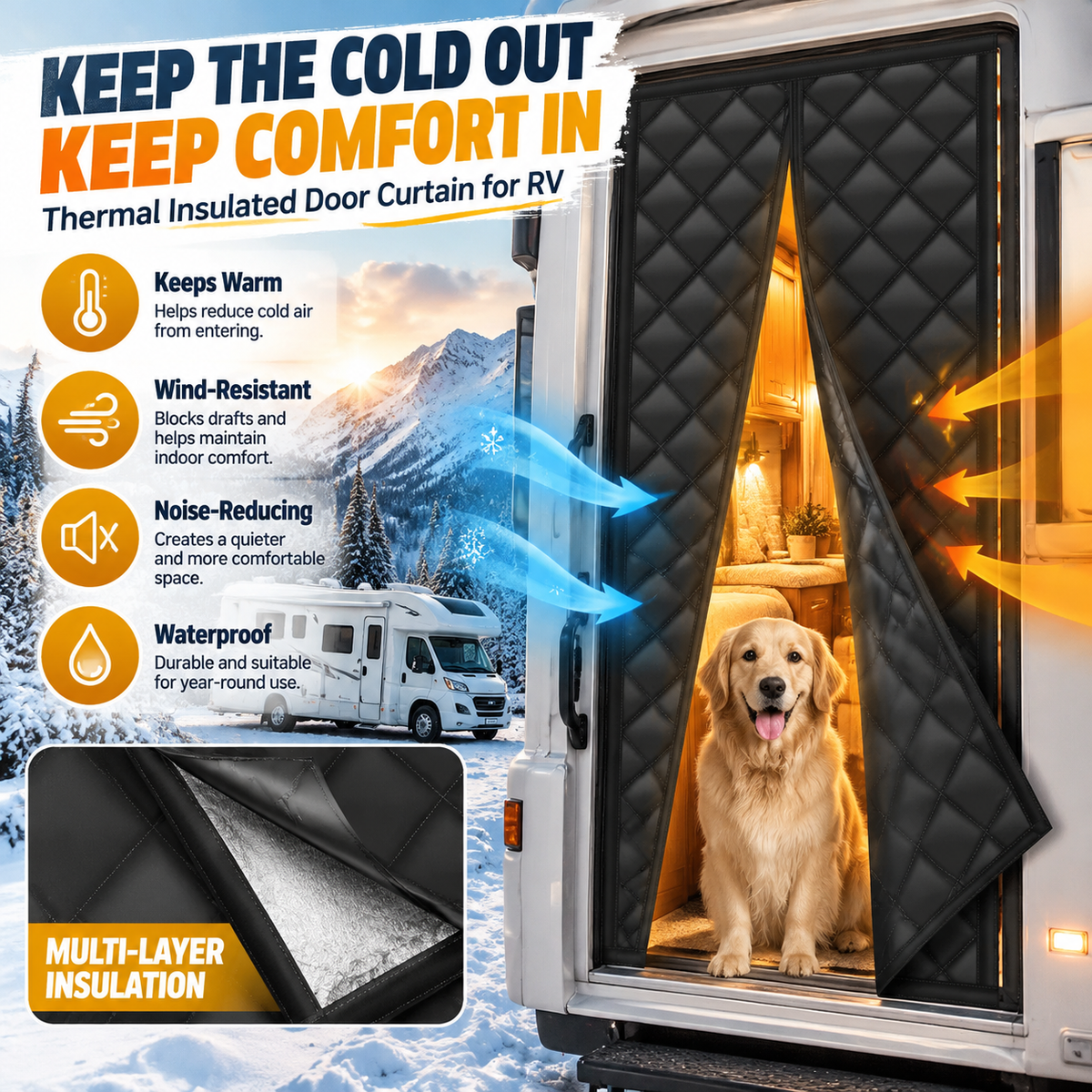 RV Insulated Door Cover, Magnetic Thermal Curtain, 33 x 80 in