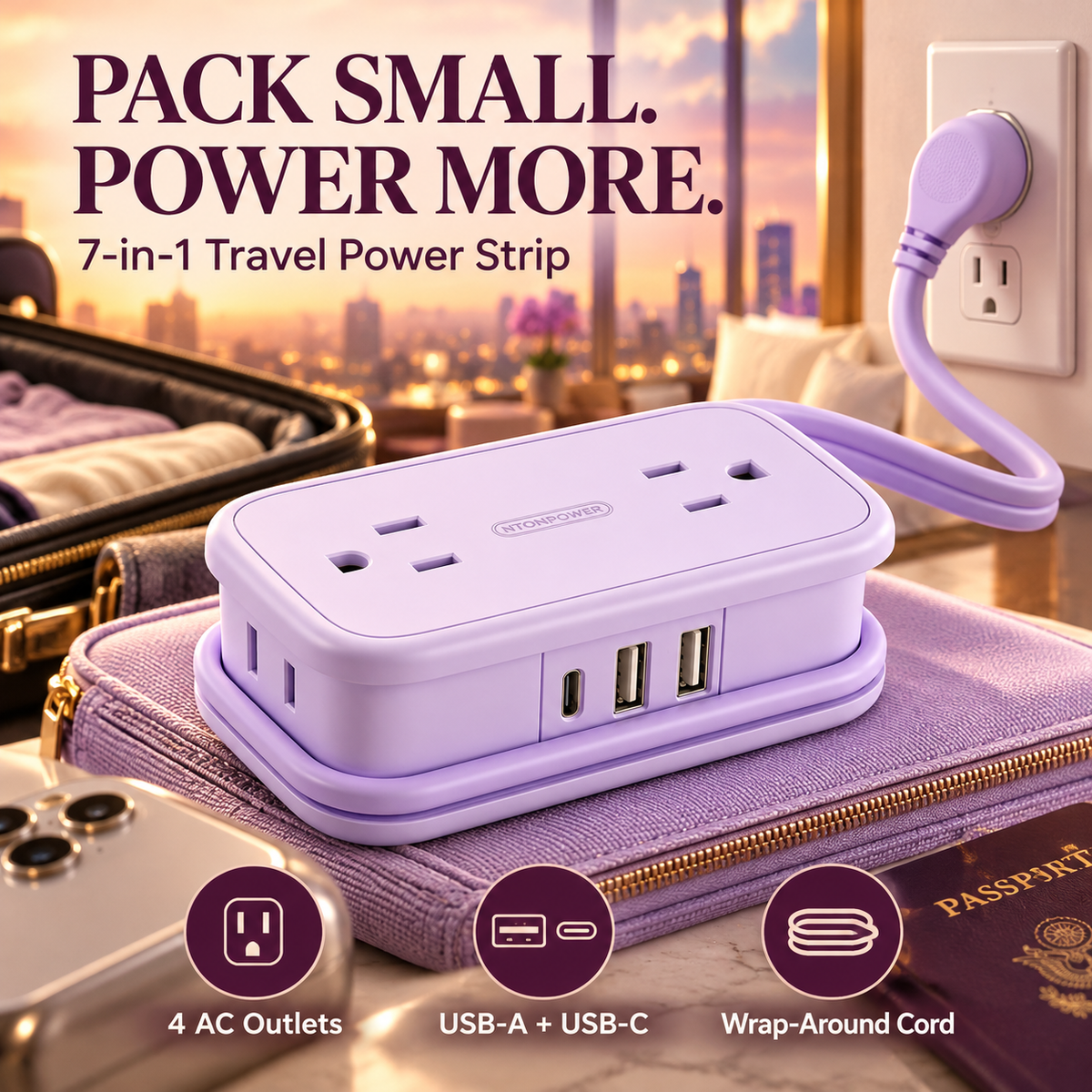 7-in-1 Travel Power Strip with USB-C & USB-A – Compact Wrap-Around Cord & Flat Plug
