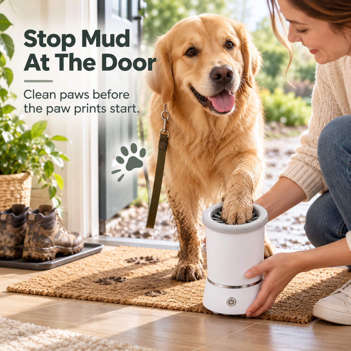 Cleaning muddy dog paw at the door