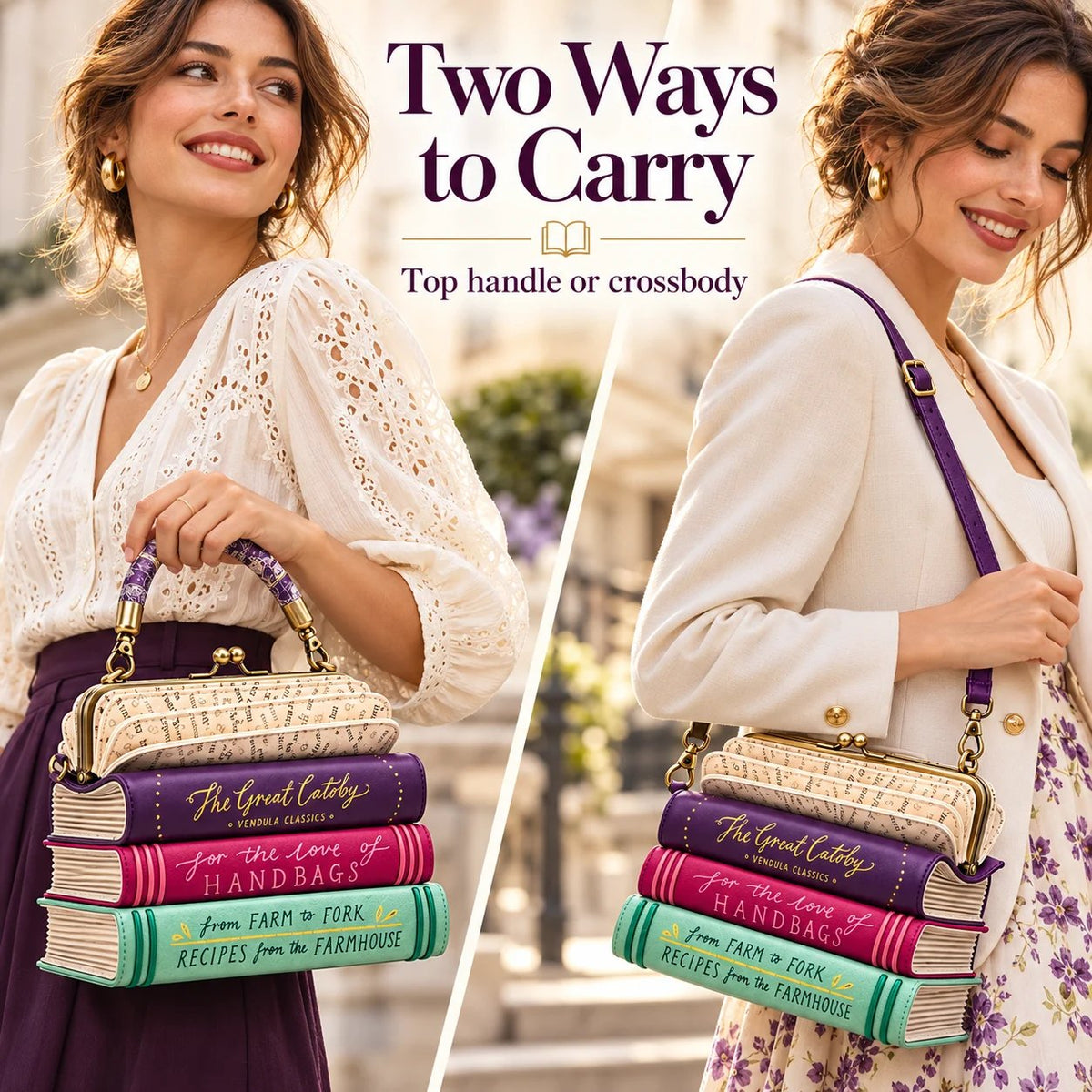 📚 Stacked Book Handbag – Vintage Book-Shaped Crossbody Purse for Book Lovers