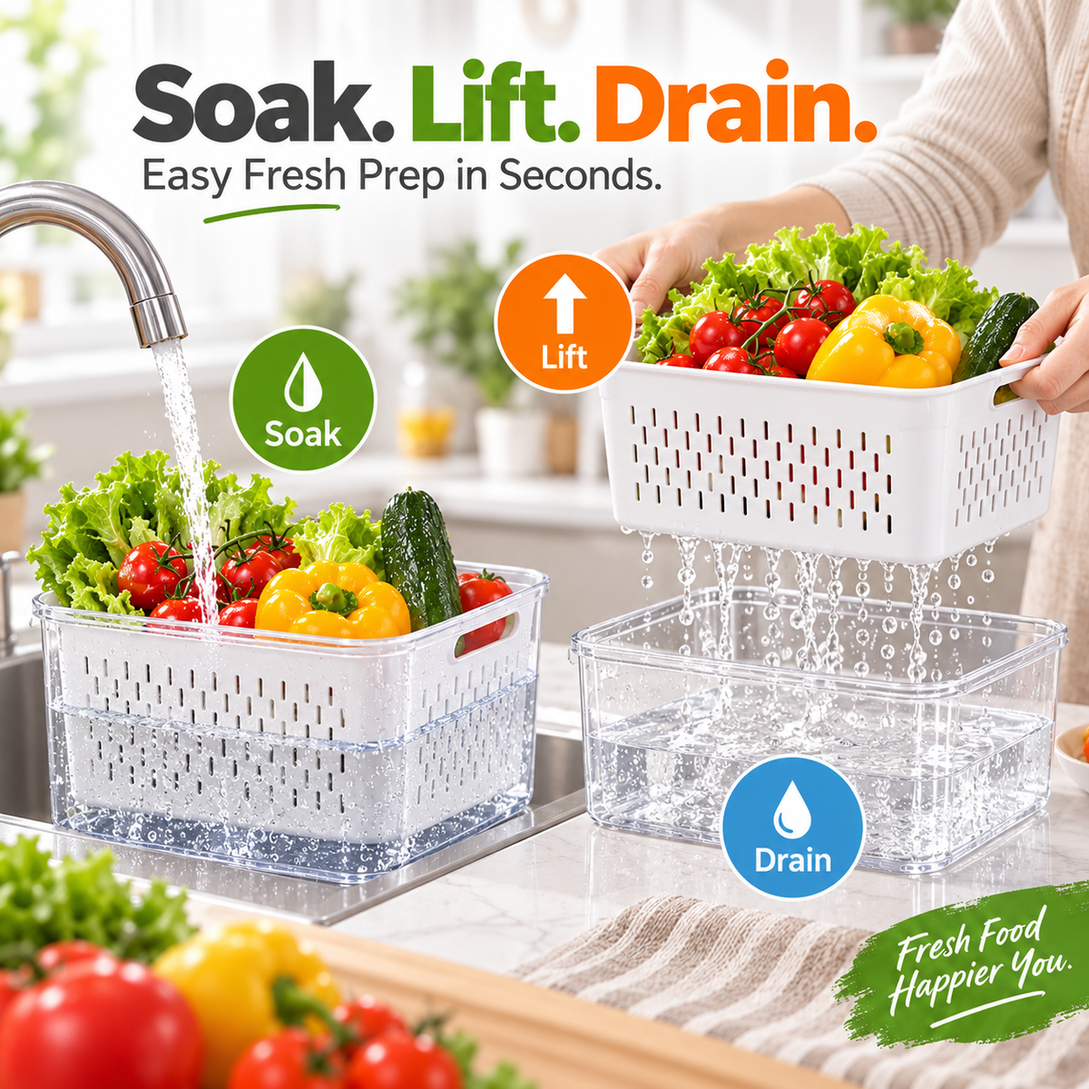 🥗 3PCS Stackable Fridge Produce Saver Containers with Removable Colander – Airtight Food Storage Boxes for Fruits, Vegetables & Meal Prep