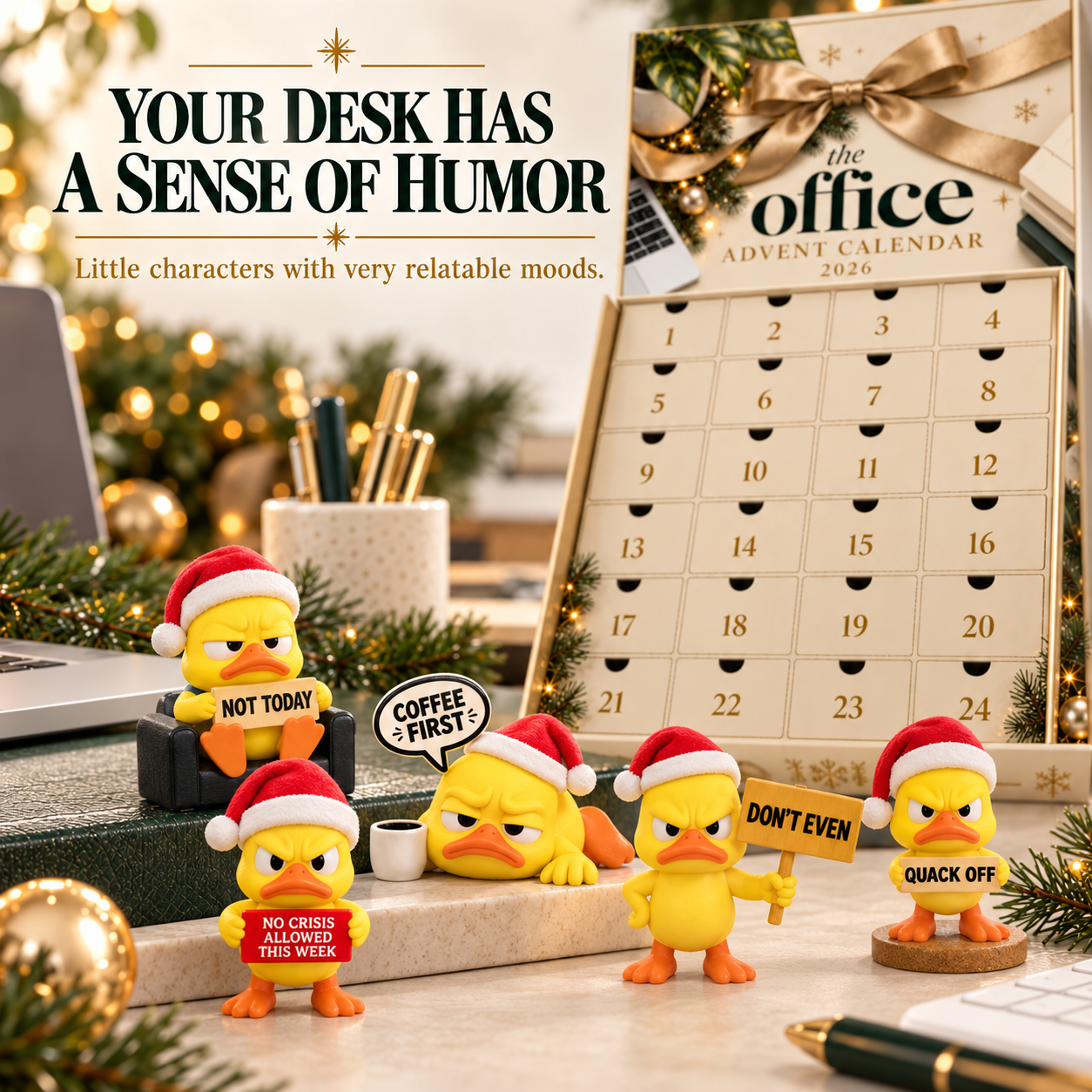 Funny yellow office desk characters with Santa hats and humorous signs including Not Today and Coffee First