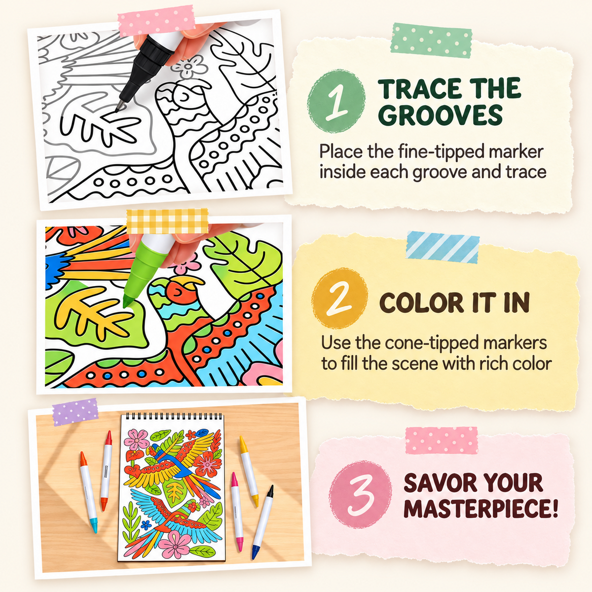 🥳2026 HOT SALE 🌿Trace-By-Groove Guided Flow Art Coloring Pad with Double-Sided Markers 🎨