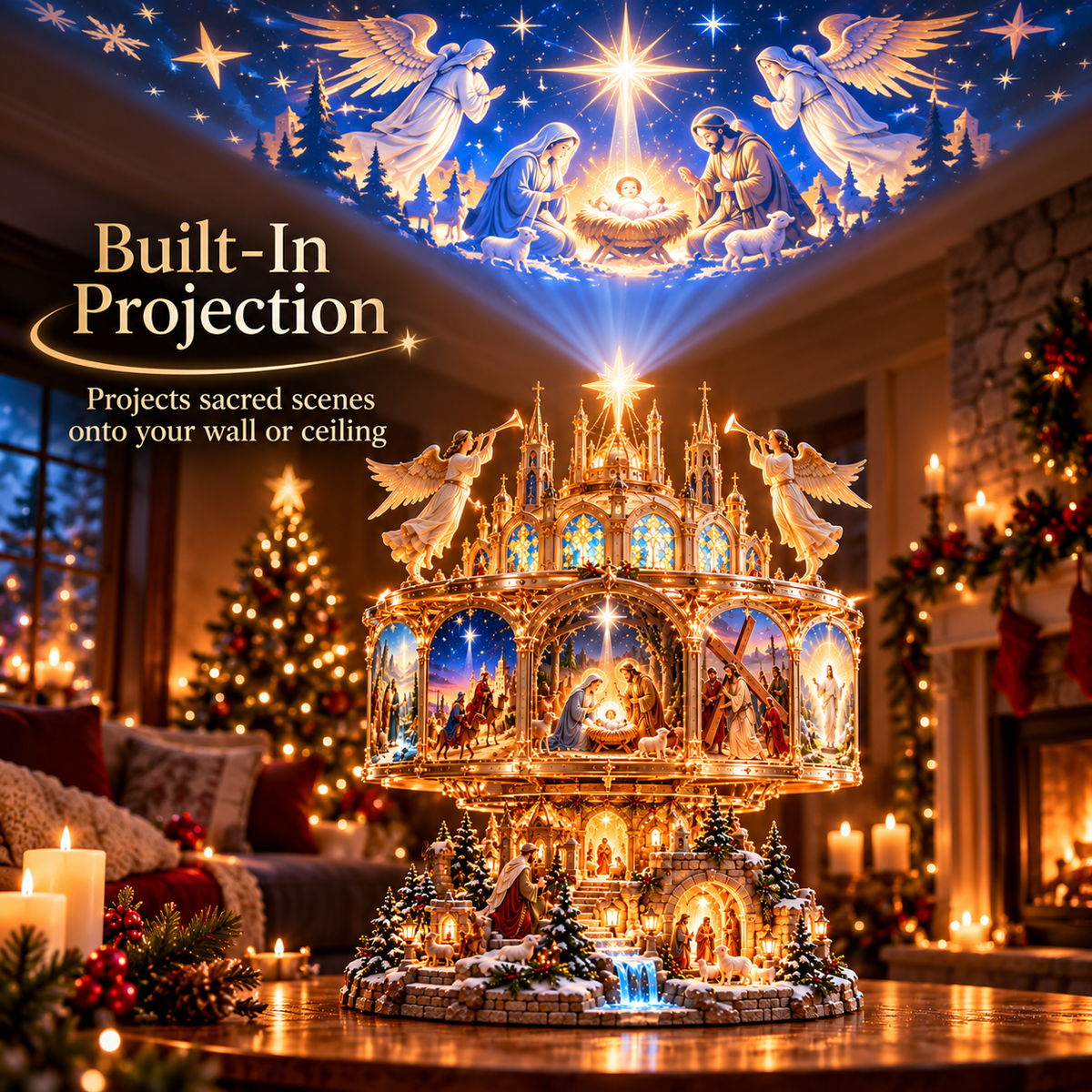 ✝️✨ Journey of Faith™ – 360° Rotating Lighted Bible Story Nativity Display with Angelic Cathedral & Sacred Scenes