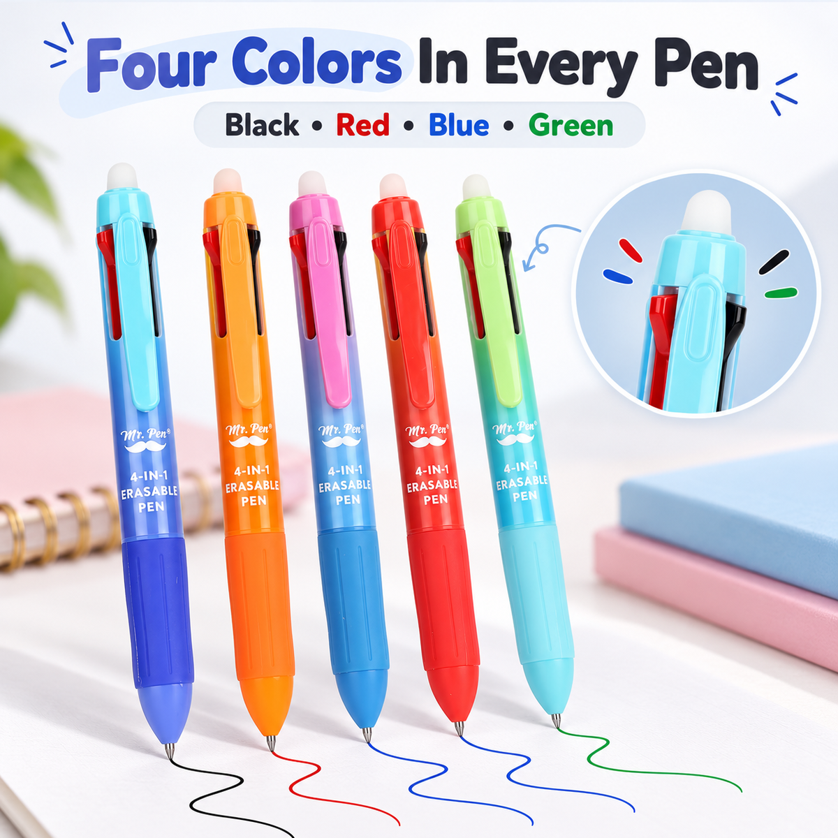 🎨Mr. Pen- Erasable Multicolor Pen, 4-in-1, 5 Pack, Colorful Ink