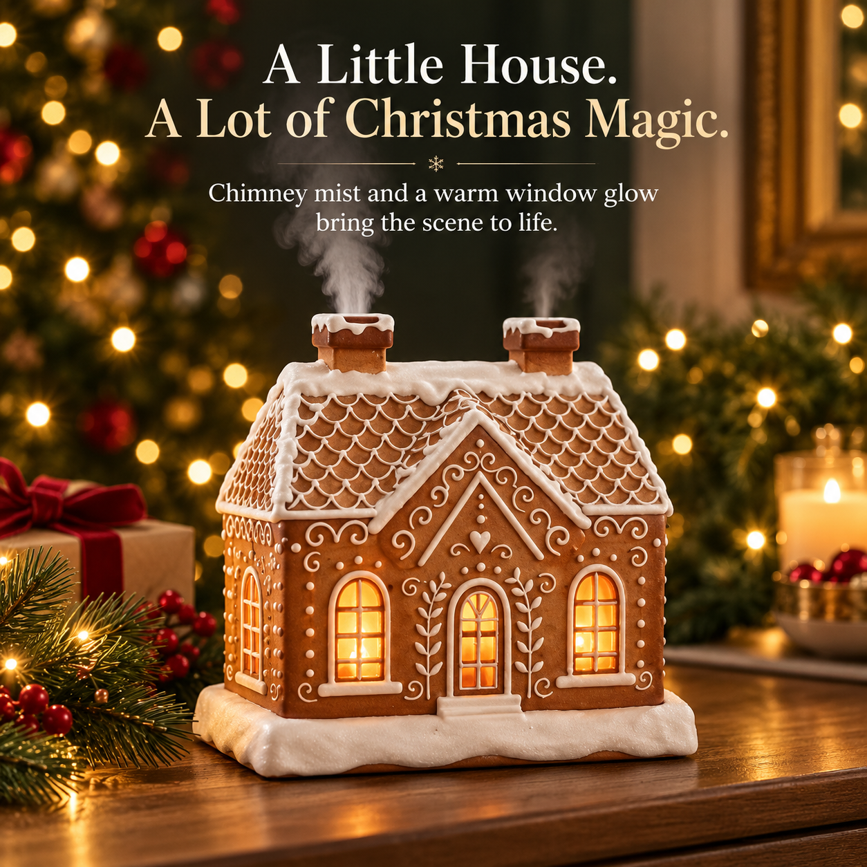 Gingerbread house diffuser with two misting chimneys and warm glowing windows beside Christmas decorations