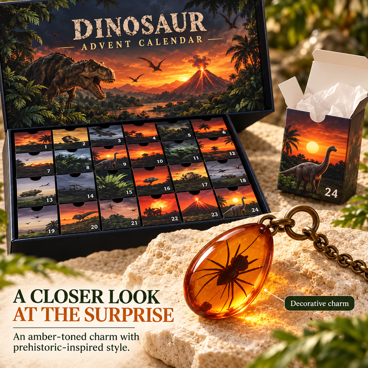 Amber-colored decorative charm with insect silhouette and metal chain beside dinosaur advent calendar