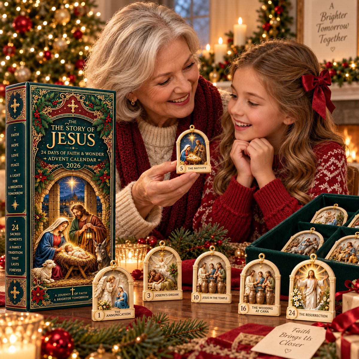 Grandmother and child sharing Story of Jesus Advent Calendar at Christmas