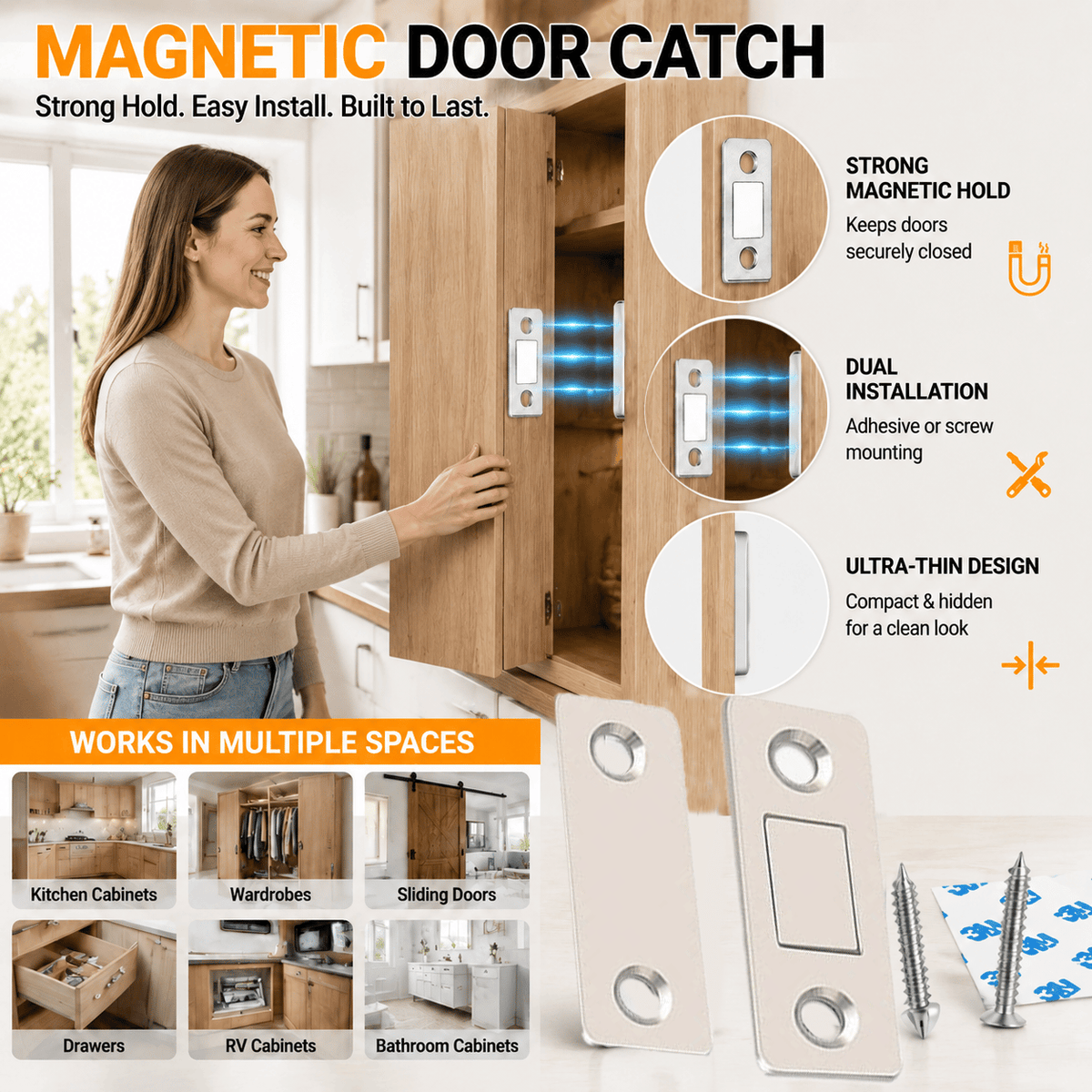 Ultra-thin magnetic door catch for cabinets and furniture