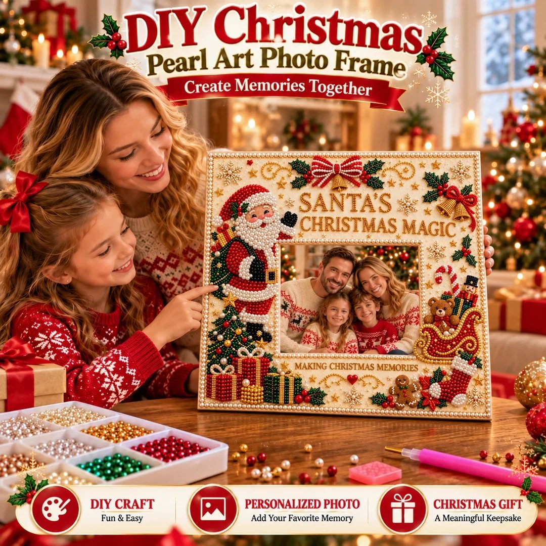 Mother and daughter working together on a Christmas pearl art photo frame