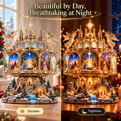 ✝️✨ Journey of Faith™ – 360° Rotating Lighted Bible Story Nativity Display with Angelic Cathedral & Sacred Scenes
