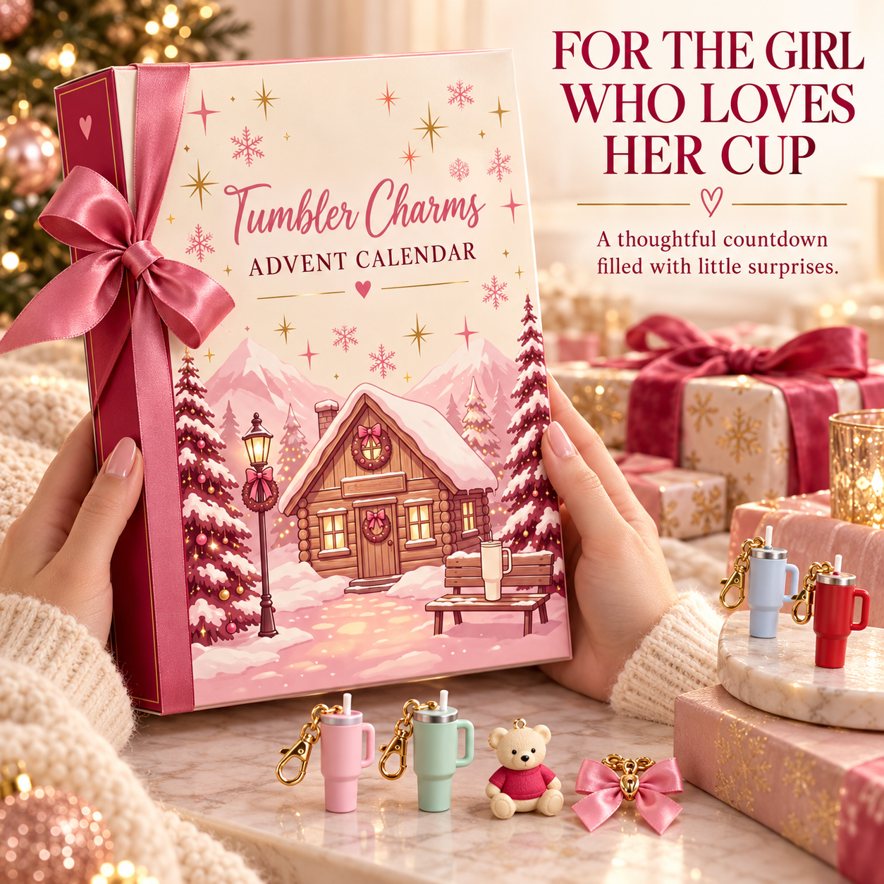 Pink tumbler charm advent calendar held as a Christmas gift with miniature cup bear and bow accessories
