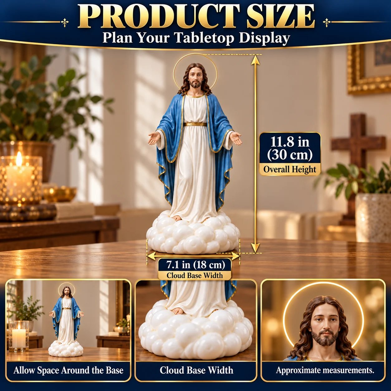 Jesus humidifier size chart showing 11.8 inches overall height and 7.1 inches cloud base width