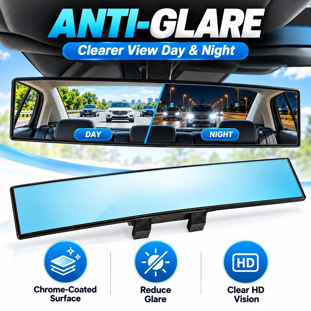 🚗Universal 12-Inch Convex Car Rear View Mirror, Panoramic Clip-On Interior Mirror with Clear Wide View