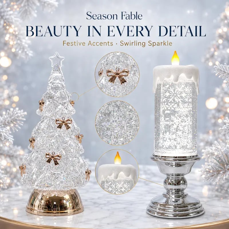 Close-up of illuminated Christmas tree and candle designs with sparkling glitter and festive details
