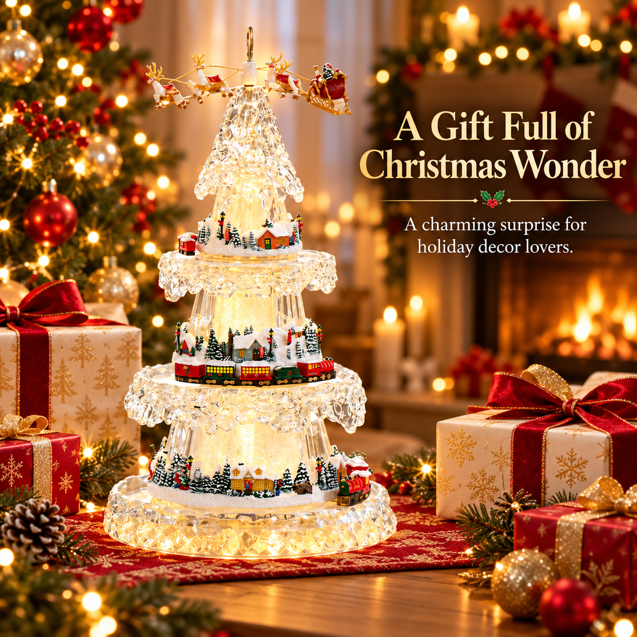 Glowing musical Christmas tree with train displayed among wrapped Christmas presents