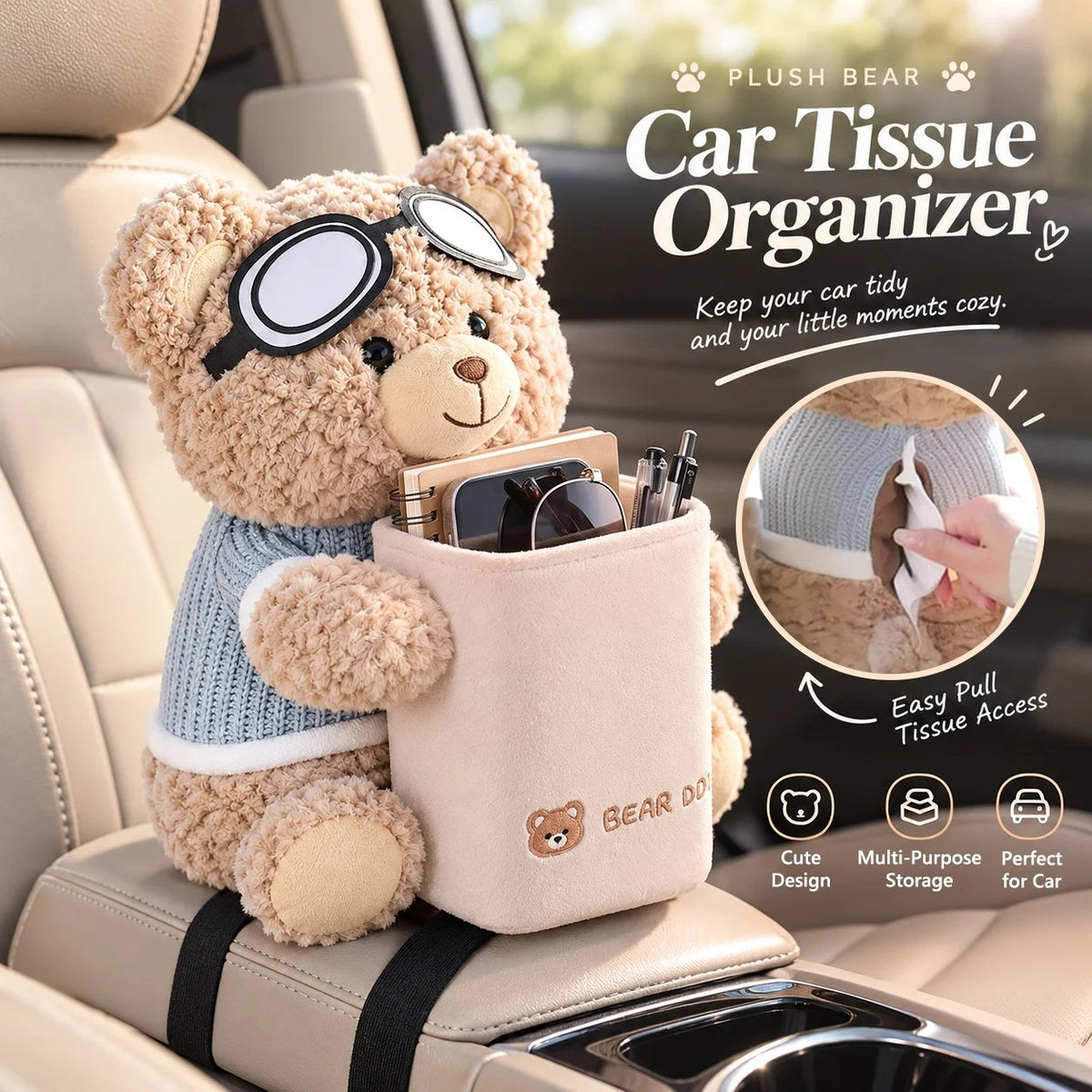 Plush bear car organizer and tissue holder on center armrest