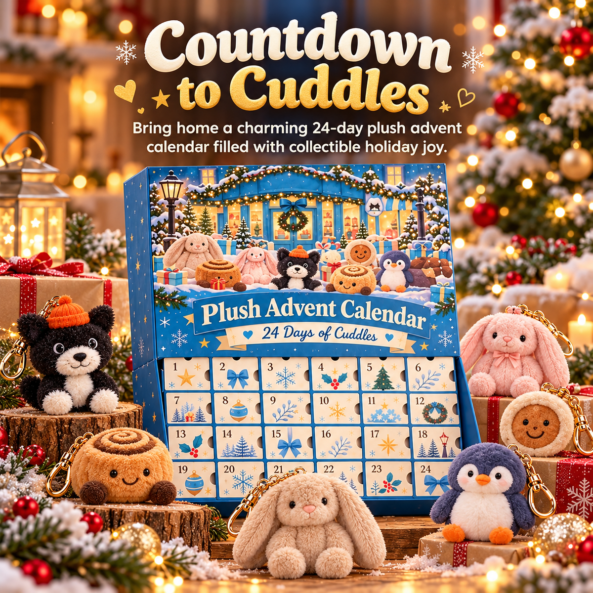 🎄 24-Day Plush Advent Calendar – Mini Character Surprises & Collectible Bag Charms