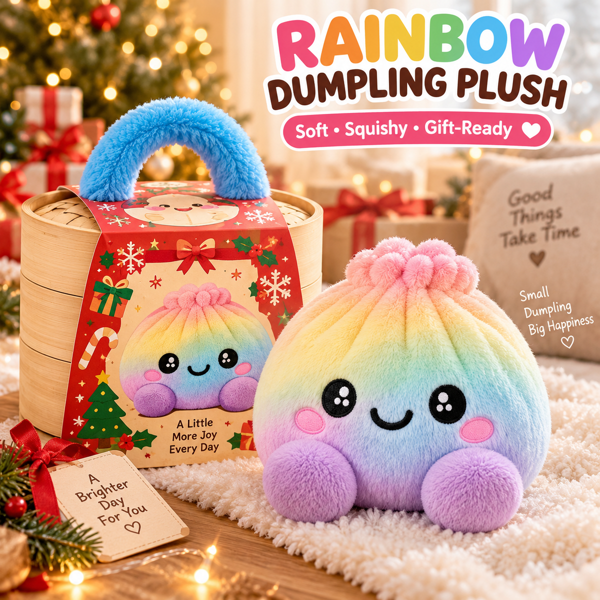 🌈Cute Plush StuffedDumpling Squishies, BigRainbow Squishes withSteamer🥟🎁