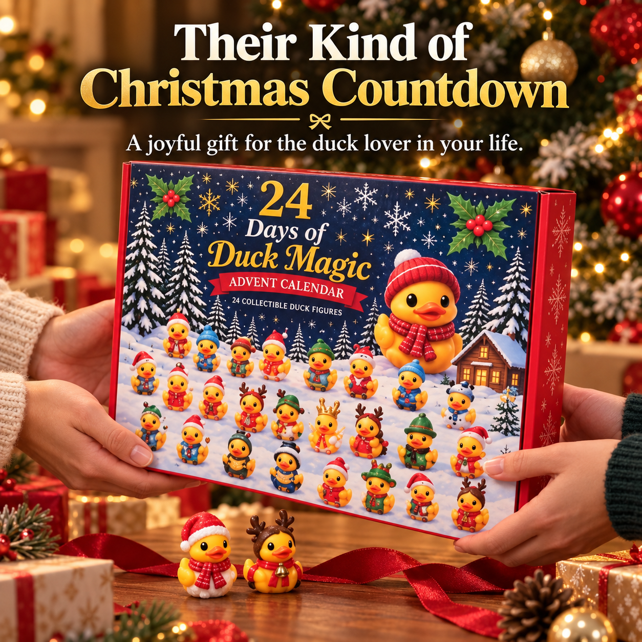Christmas duck advent calendar being given as a holiday gift with Santa and reindeer duck figures