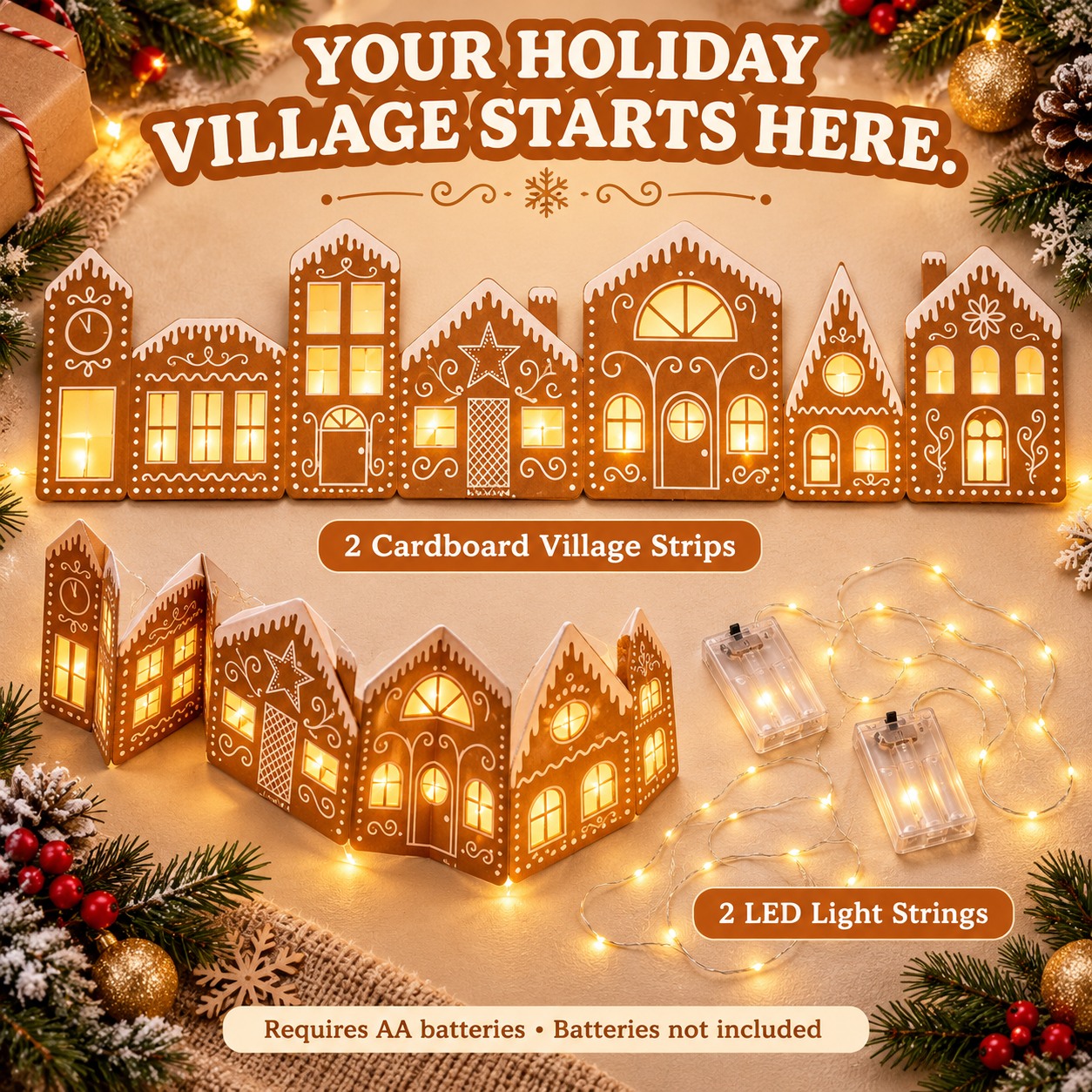 Gingerbread village kit contents showing two cardboard village strips and two battery-operated LED light strings