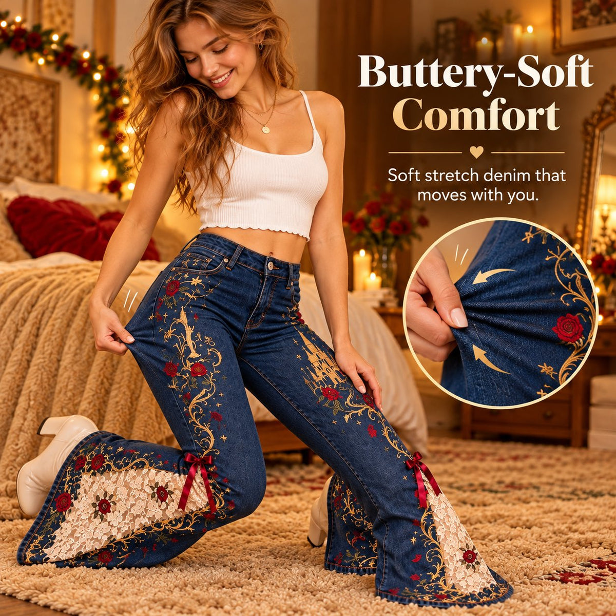 ✨ Fairy Tale Flare: Vintage Embroidered Denim Jeans