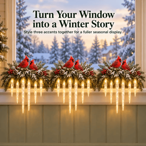 ✨Cardinal Winter Glow — Lighted Snowy Cedar & Icicle Christmas Decor