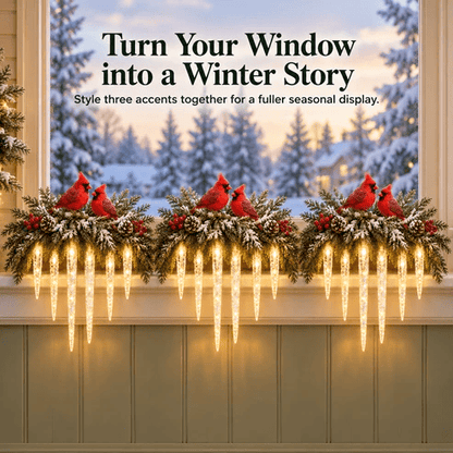 ✨Cardinal Winter Glow — Lighted Snowy Cedar & Icicle Christmas Decor