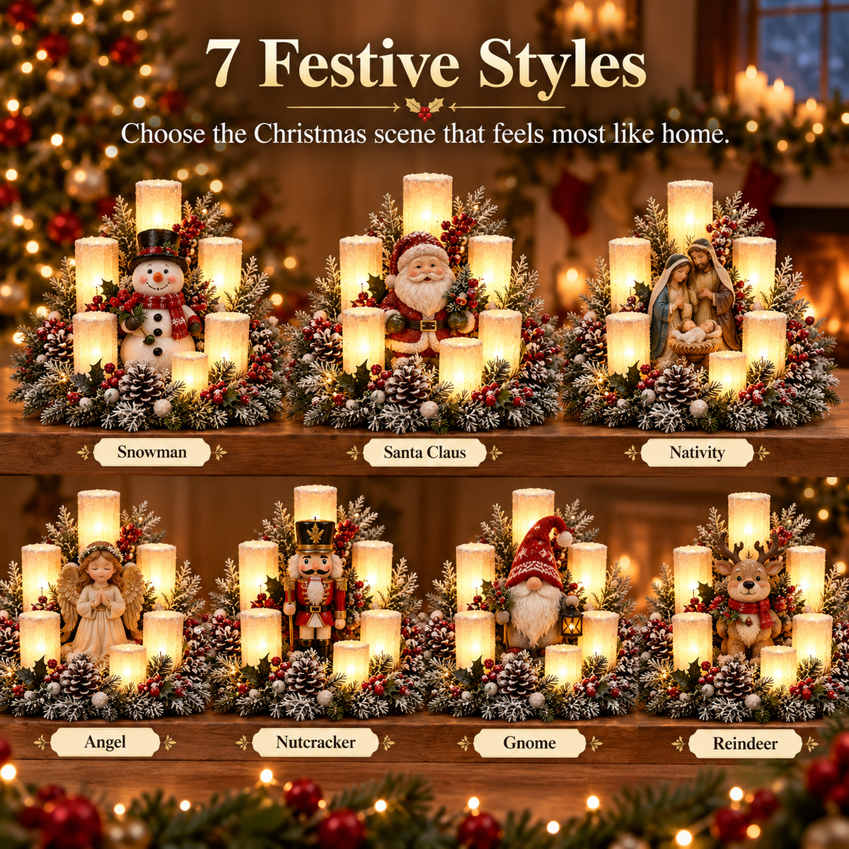 🌲Lighted Christmas Centerpiece – 7 Festive Candle-Style Holiday Designs