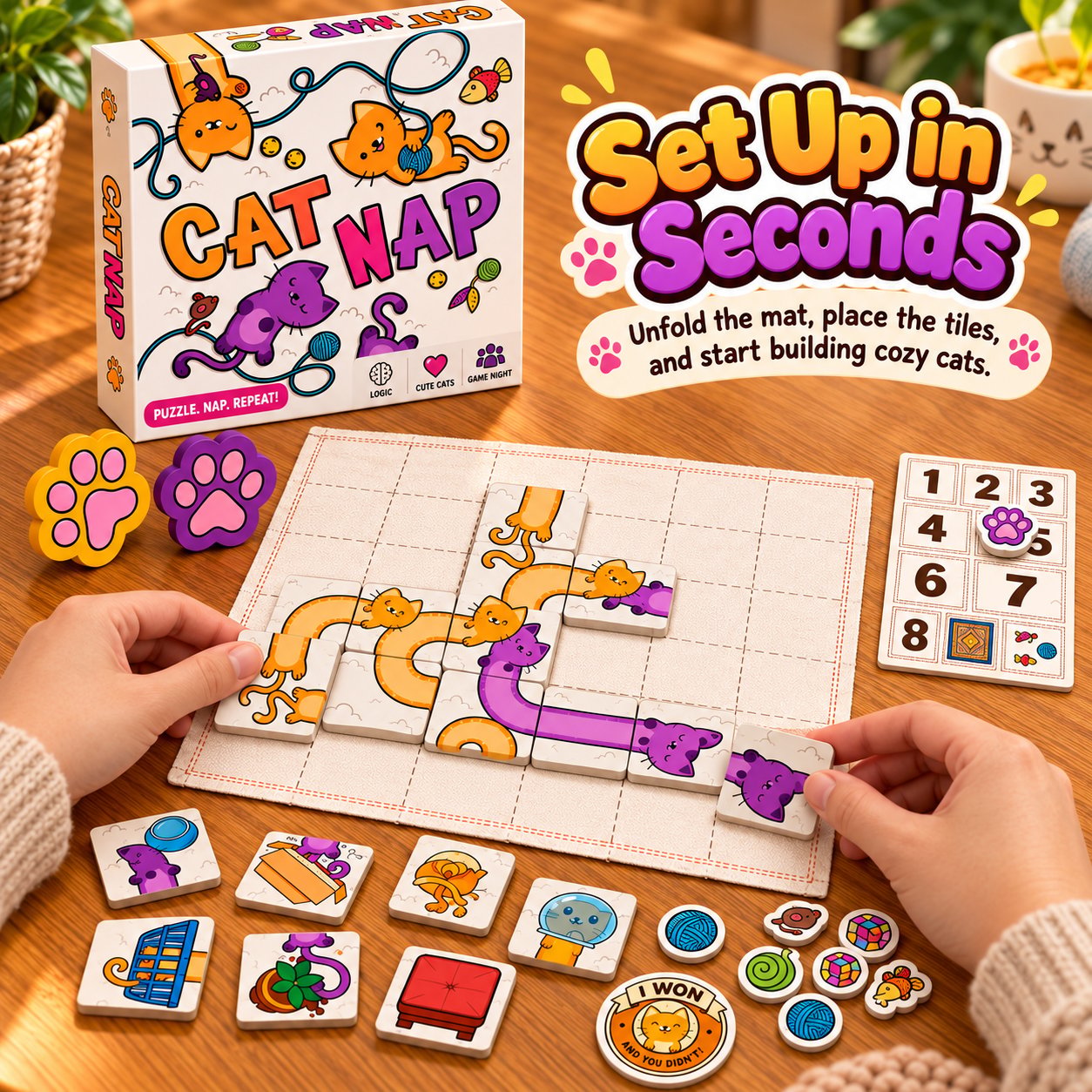 Hands placing cat puzzle tiles onto the cloth game mat