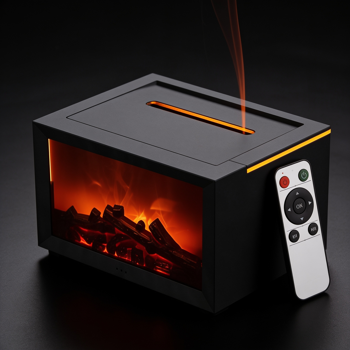 Fireside Nook remote control detail showing power, light mode, and timer buttons