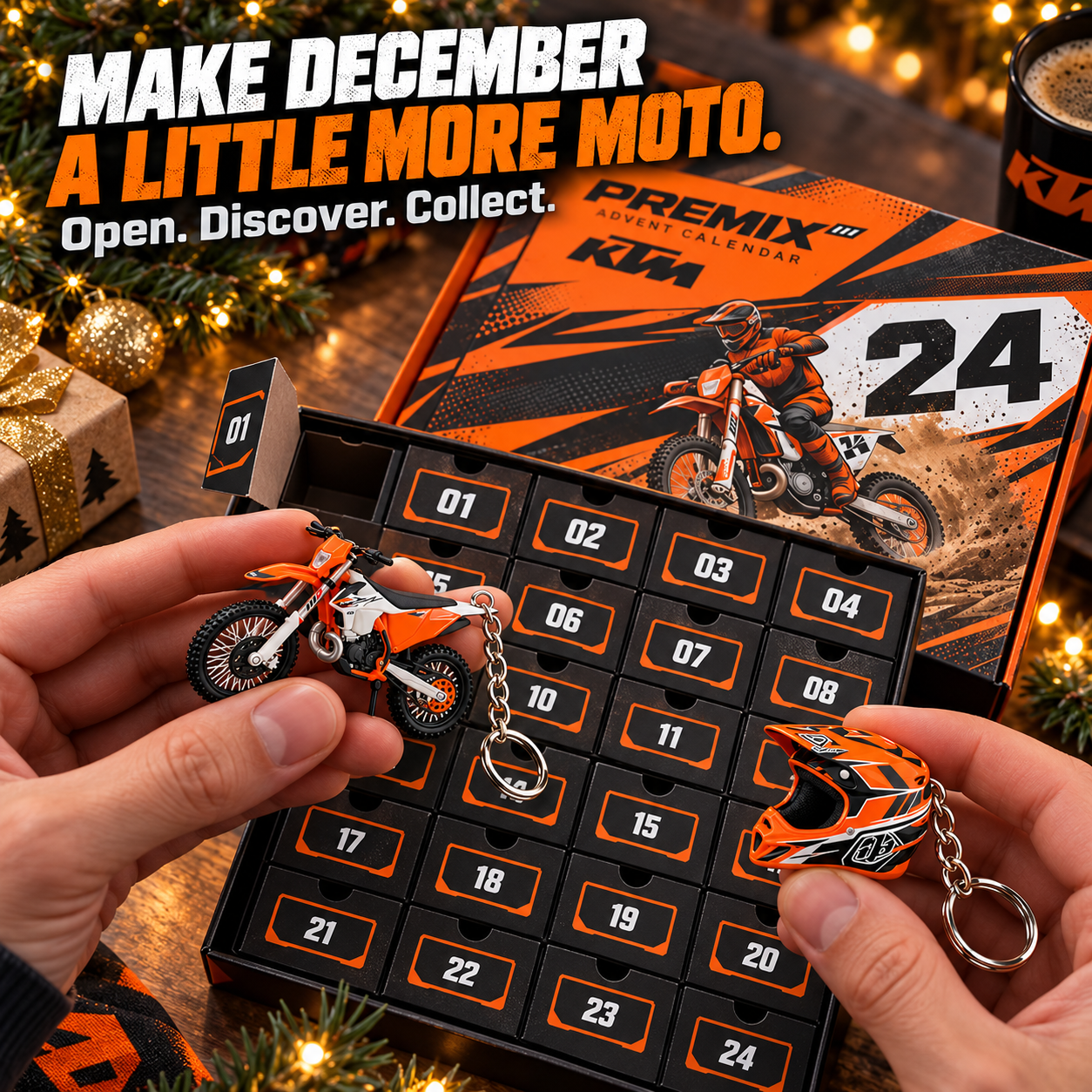 Hands displaying miniature motocross bike and helmet keychains beside a 24-day calendar