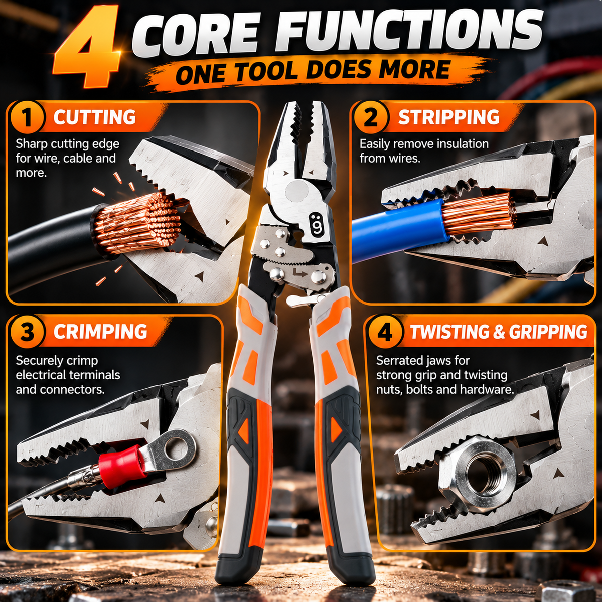 Ratchet pliers cutting stripping crimping twisting and gripping