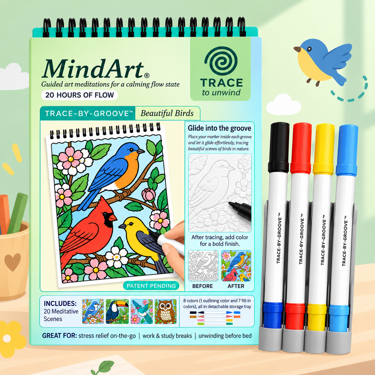 🥳2026 HOT SALE 🌿Trace-By-Groove Guided Flow Art Coloring Pad with Double-Sided Markers 🎨