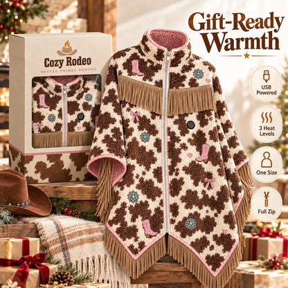 🤠 Heated Sherpa Fringe Poncho – 3 Heat Settings, Cozy Western Cowgirl Wrap in 3 Prints 🔥