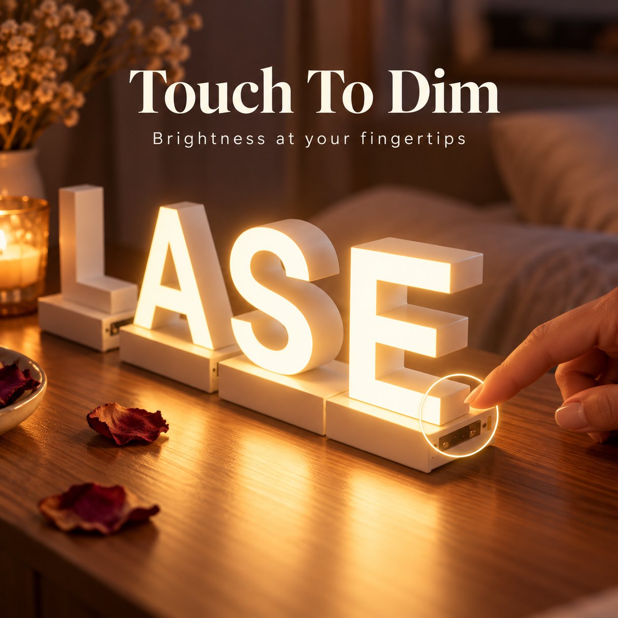 Finger touching dimming control on illuminated three-dimensional LED letters