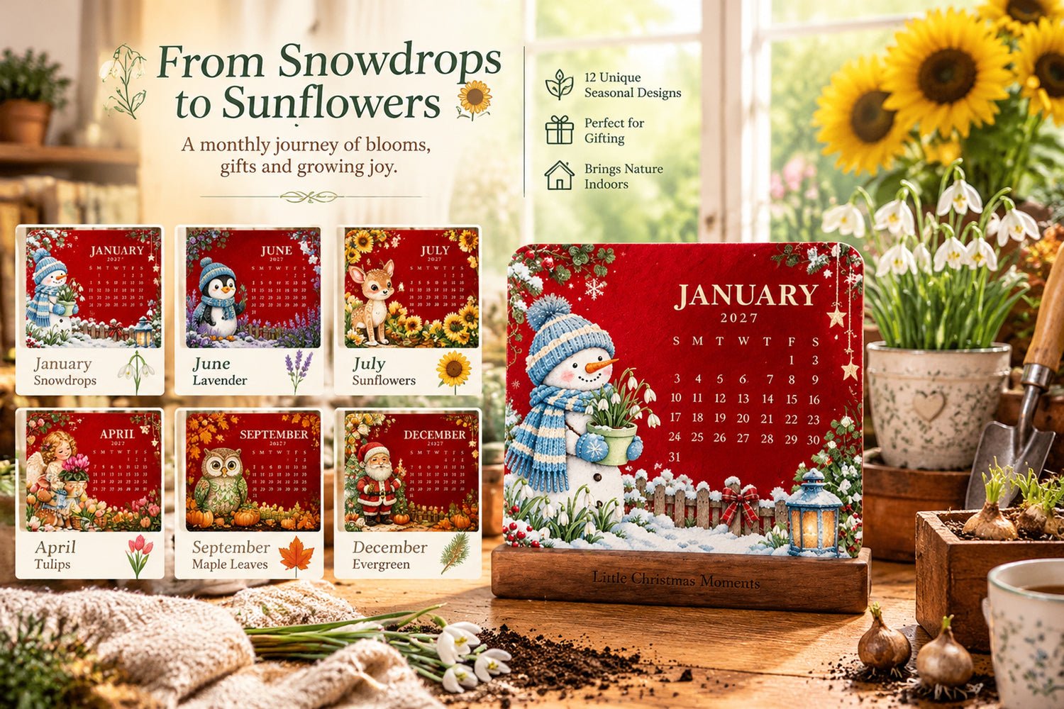 January 2027 snowman calendar displayed on a wooden stand beside plants and gardening supplies