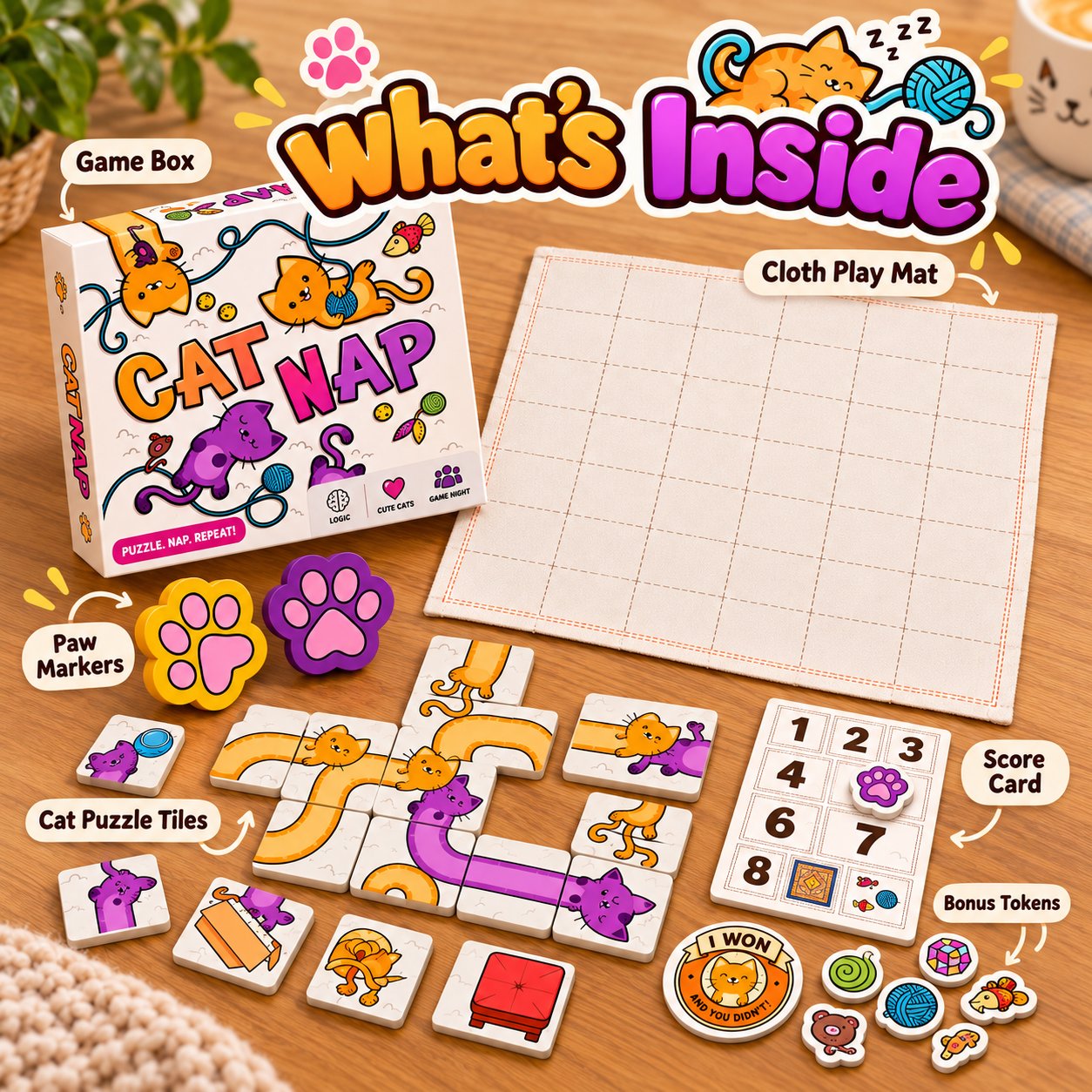 CAT NAP game components including box, cloth mat, puzzle tiles, paw markers, score card and bonus tokens