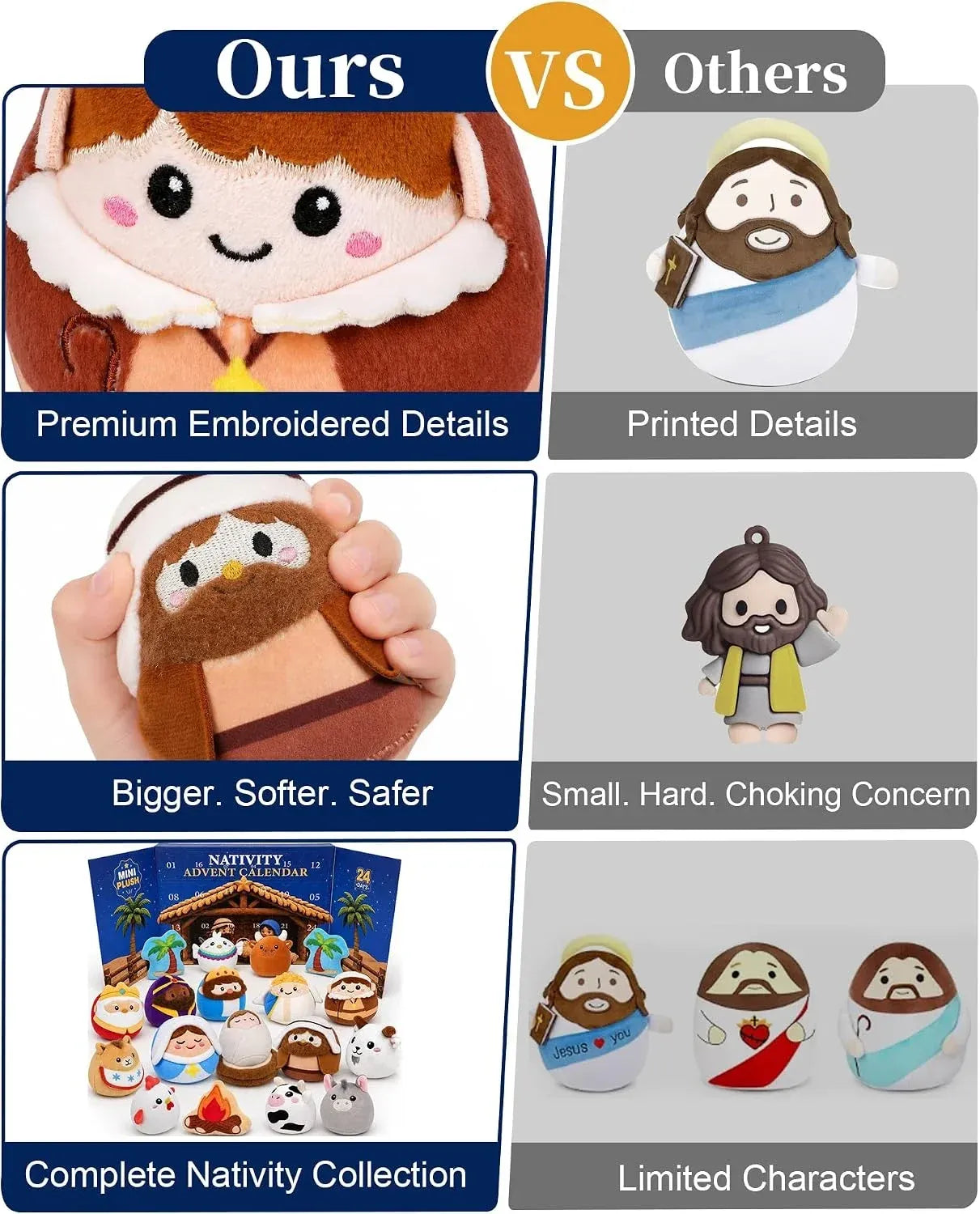 Original seller comparison of plush Nativity figures and other Advent collectibles