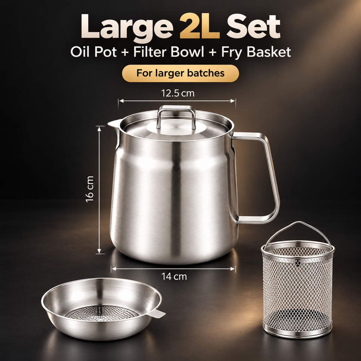HOT SALE🍟✨ 3-in-1 Stainless Steel Deep Fryer Pot with Oil Filter & Fry Basket 🥘💧 304 Stainless Steel Cooking Oil Strainer & Storage Container 🍗🔥 Easy-Pour Design for Home Kitchen 🍳💖 1.5L/2L Available