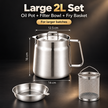 HOT SALE🍟✨ 3-in-1 Stainless Steel Deep Fryer Pot with Oil Filter & Fry Basket 🥘💧 304 Stainless Steel Cooking Oil Strainer & Storage Container 🍗🔥 Easy-Pour Design for Home Kitchen 🍳💖 1.5L/2L Available