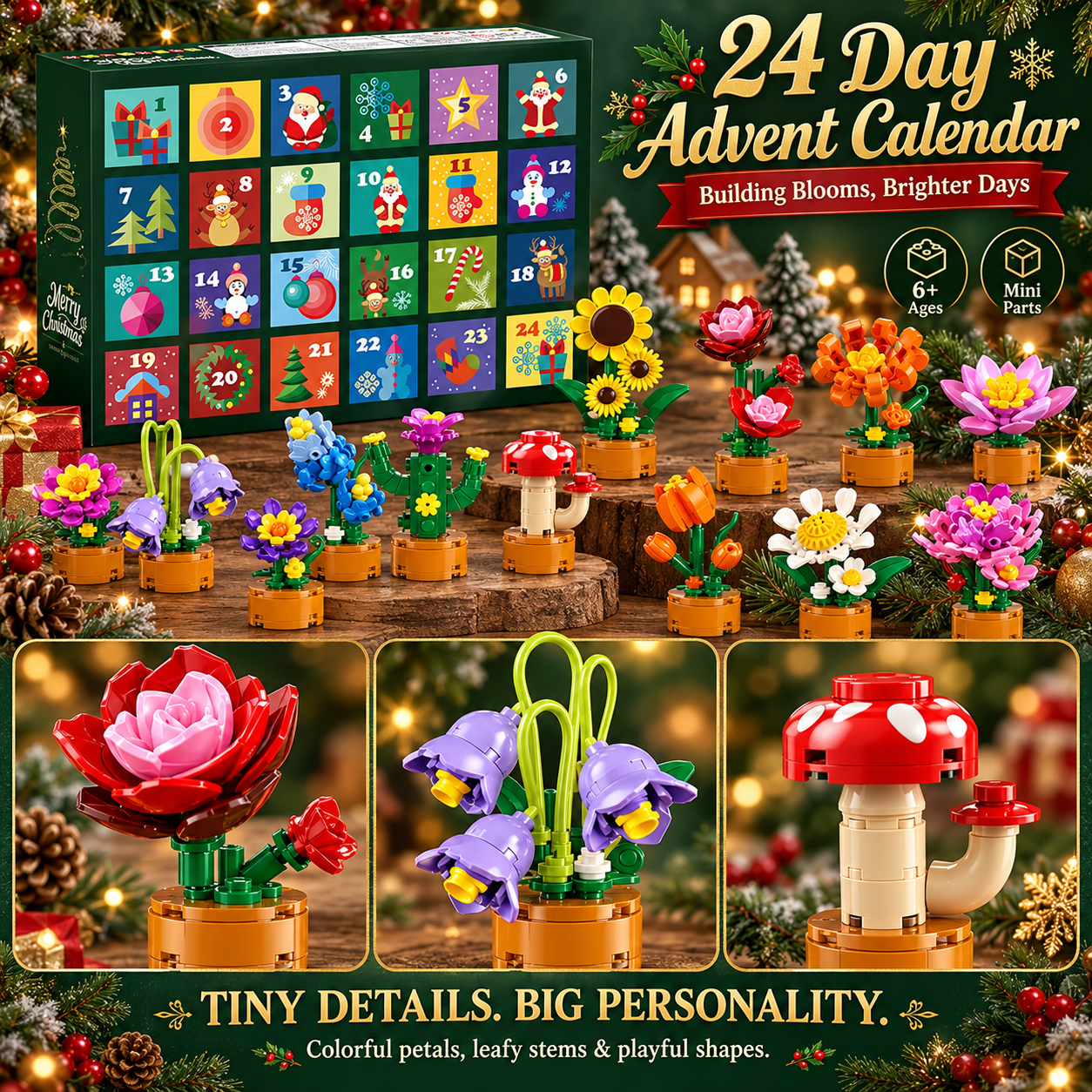 Close-up details of rose bellflower and mushroom miniature building block models