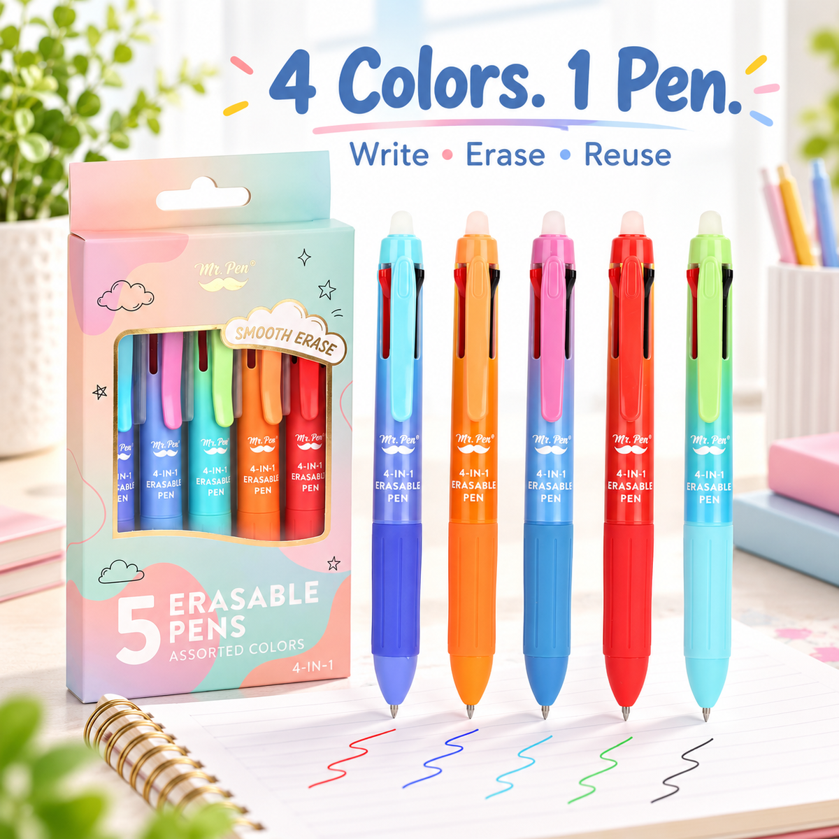 🎨Mr. Pen- Erasable Multicolor Pen, 4-in-1, 5 Pack, Colorful Ink
