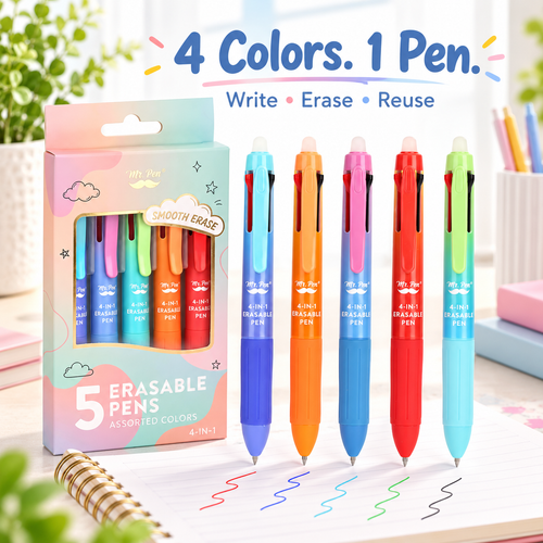 🎨Mr. Pen- Erasable Multicolor Pen, 4-in-1, 5 Pack, Colorful Ink