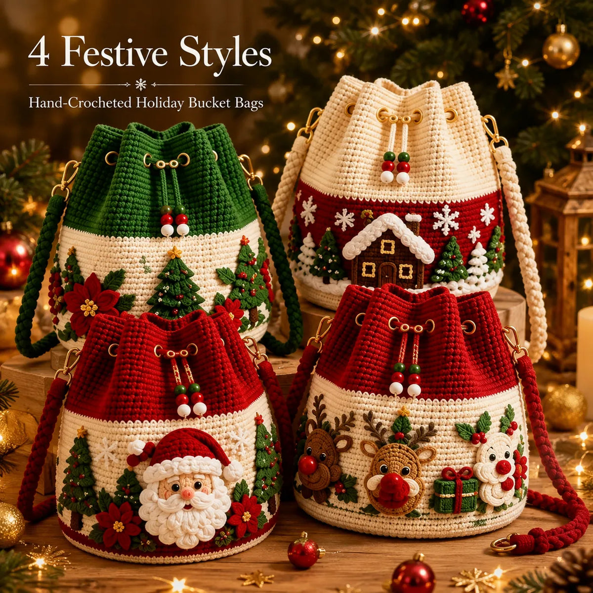 🎁Christmas Crochet Bucket Crossbody Bag – Festive Holiday Handbag