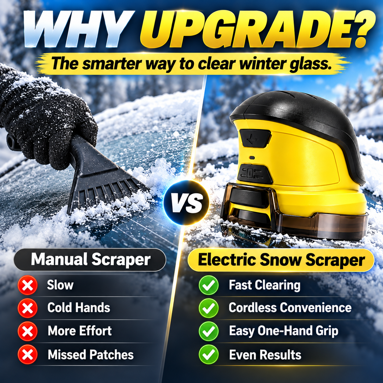 Comparison of traditional hand ice scraper and yellow cordless electric snow scraper