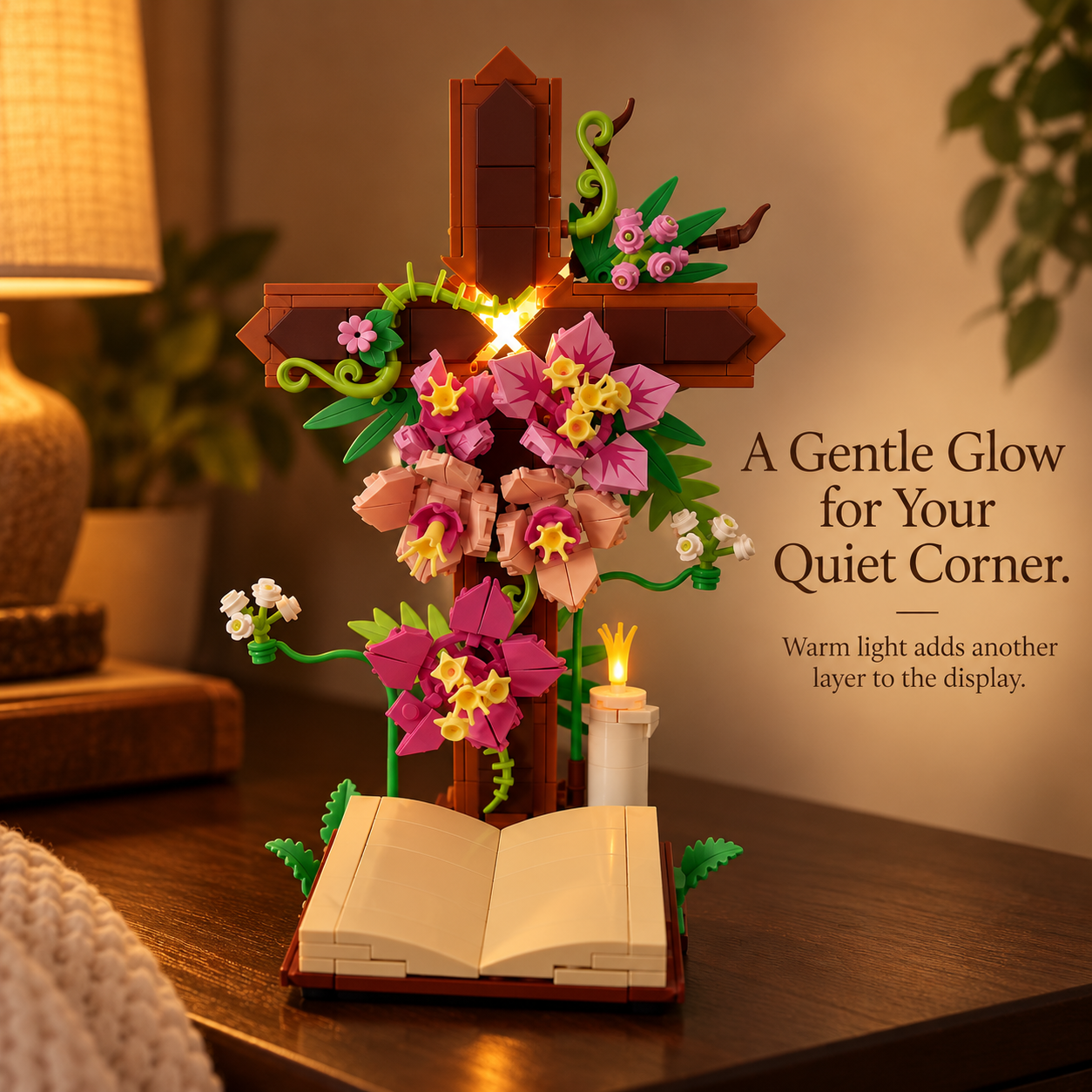 Light-up floral cross building set glowing softly in a cozy home setting