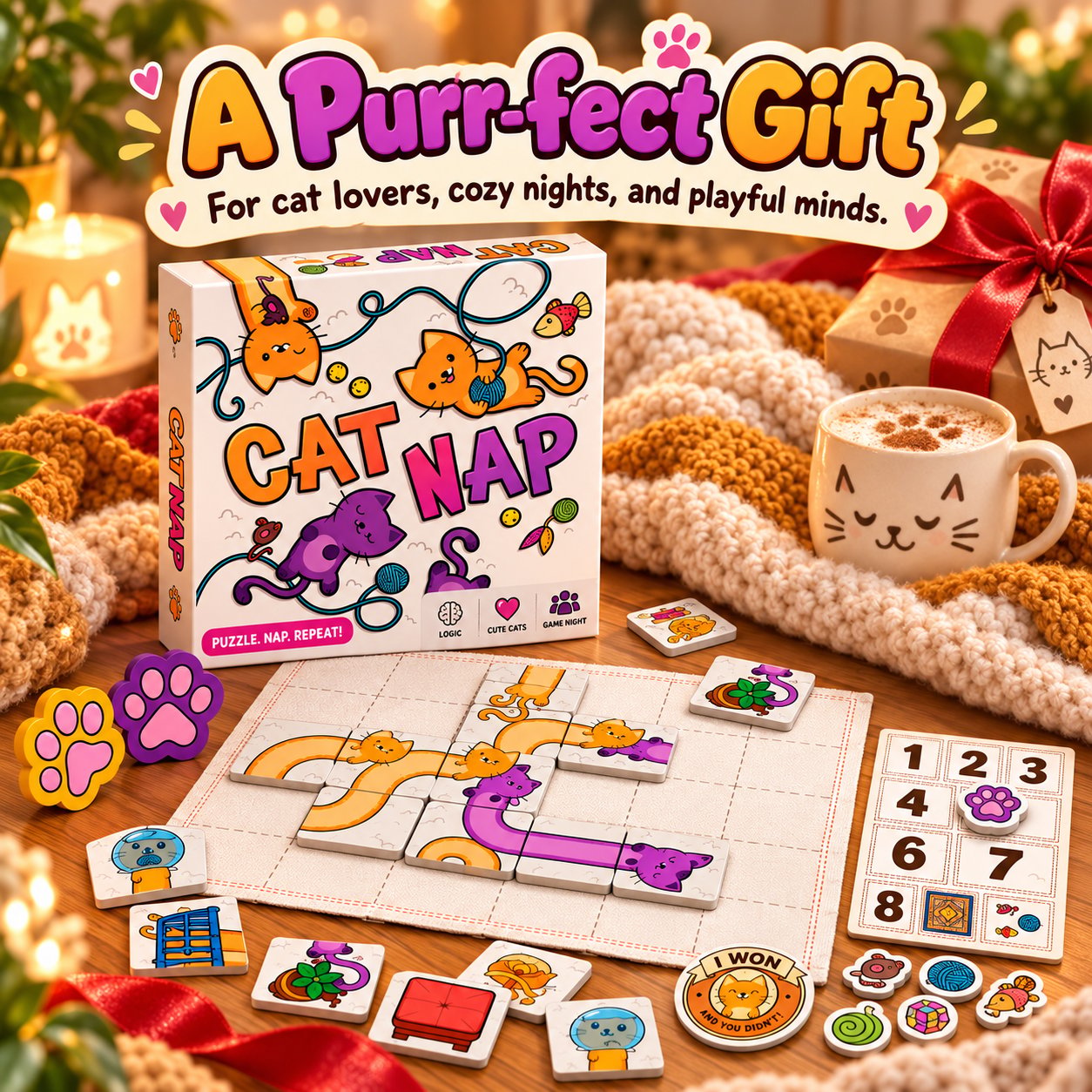 CAT NAP puzzle board game displayed as a gift with cozy holiday decorations